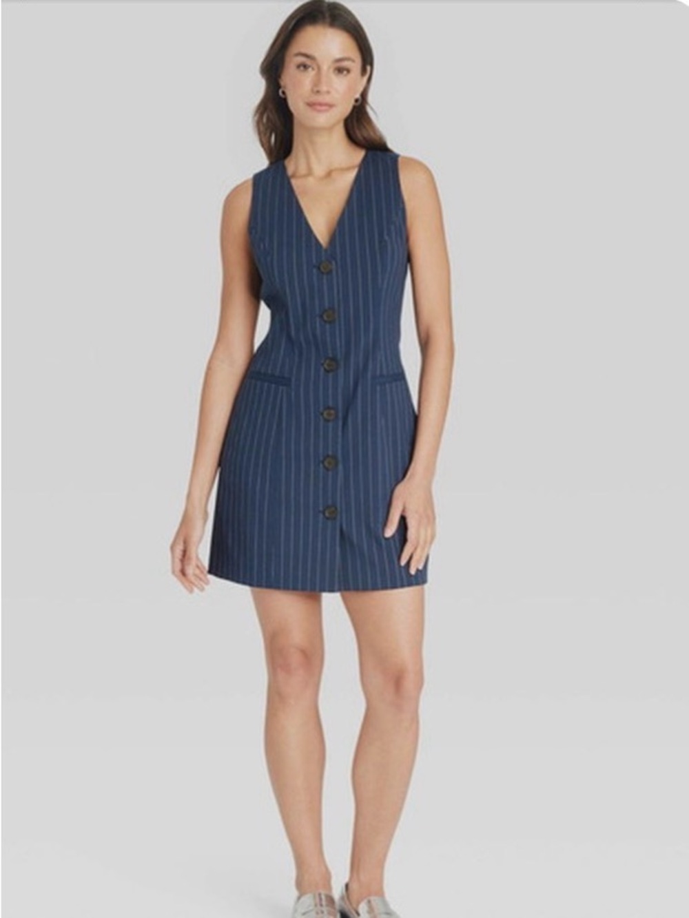 A New Day Sleeveless Navy Pinstripe Button-Front Dress